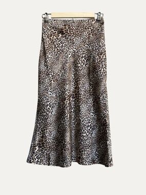 ROUJE PARIS Brown Tan Black Beige Leopard Animal Print Midi Satin Slip Skirt